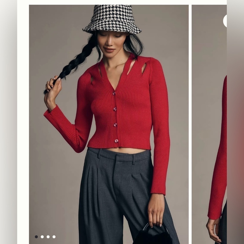 Anthropologie V-Neck Strappy Ribbed Buttons Up Red Crop Cardigan Size M